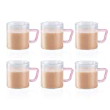 Borosil Vision Tea N Coffee Glass Mug Set of 6 - Microwave Safe, Pink Handle, 190 ml