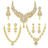 Sukkhi Dazzling Gold Plated Wedding Jewellery Austrian Diamond Choker Necklace Set Combo For Women (413CB1900)