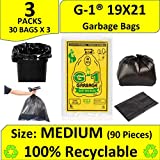 G 1 Garbage Bags - 19X21 | 3 Packs of 30 Pcs - 90 Pcs | Black Medium Disposable Dustbin Bags