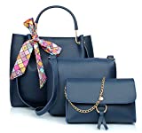 Mammon Women's Blue PU Leather Handbag Combo (3ribn-blue-tie)