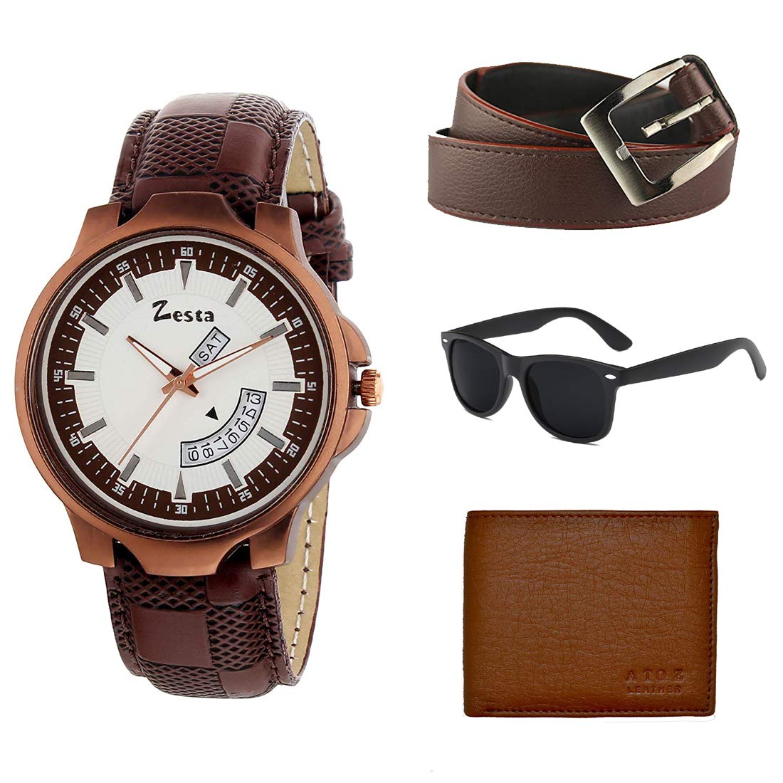 Zesta Combo Pack of a Brown Analogue Watch with a Sunglass, a Wallet and a Belt for Men and Boys