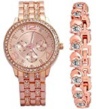 Zuperia Diamond Studded Analogue Watch with Rose Gold Dot Bracelet