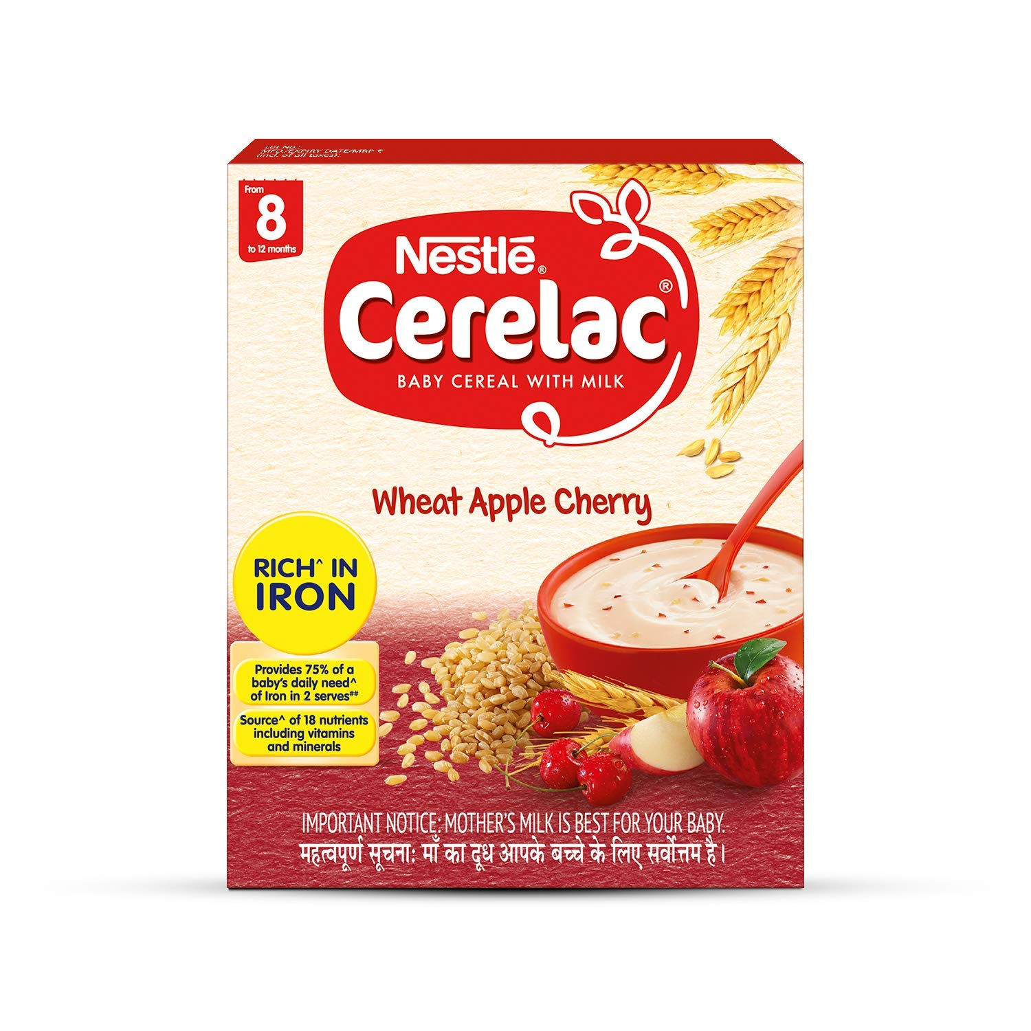 NestlÃ© CERELAC Baby Cereal with Milk, Wheat Apple Cherry â€“ From 8 Months, 300g BIB Pack