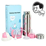 Toyboy 3 in 1 Baby Feeding Bottle Thermo-Steel Multifunctional-Sipper, Nipple & Straw 240 ML (for 5+ Month Baby) - Pink