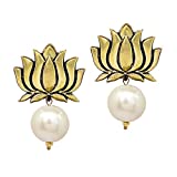 V L IMPEX Handmade Gold Plated Lotus Shape Oxidised with Pearl Color Stud Drop Earring for Girls & Women