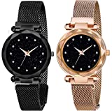 Acnos Black Round Diamond Dial with Latest Generation Purple & Rosegold Magnet Belt Analogue Watch for Women Pack of - 2 (DM-PURPLE-ROSEGOLD05)