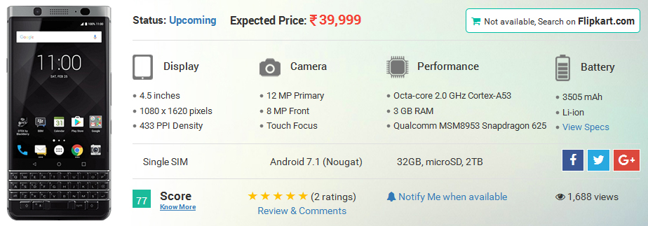 BlackBerry KEYone India Price Revealed in Retailer’s Listing