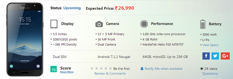 Samsung Galaxy C8 launched Featuring Dual Cameras, Facial Recognition