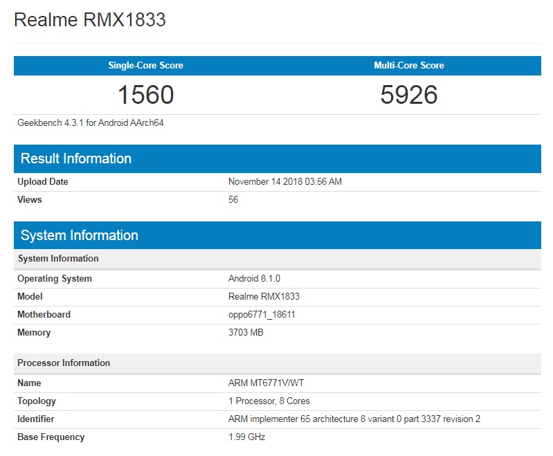 Realme 3 Codenamed as Realme RMX1833 Spotted Online